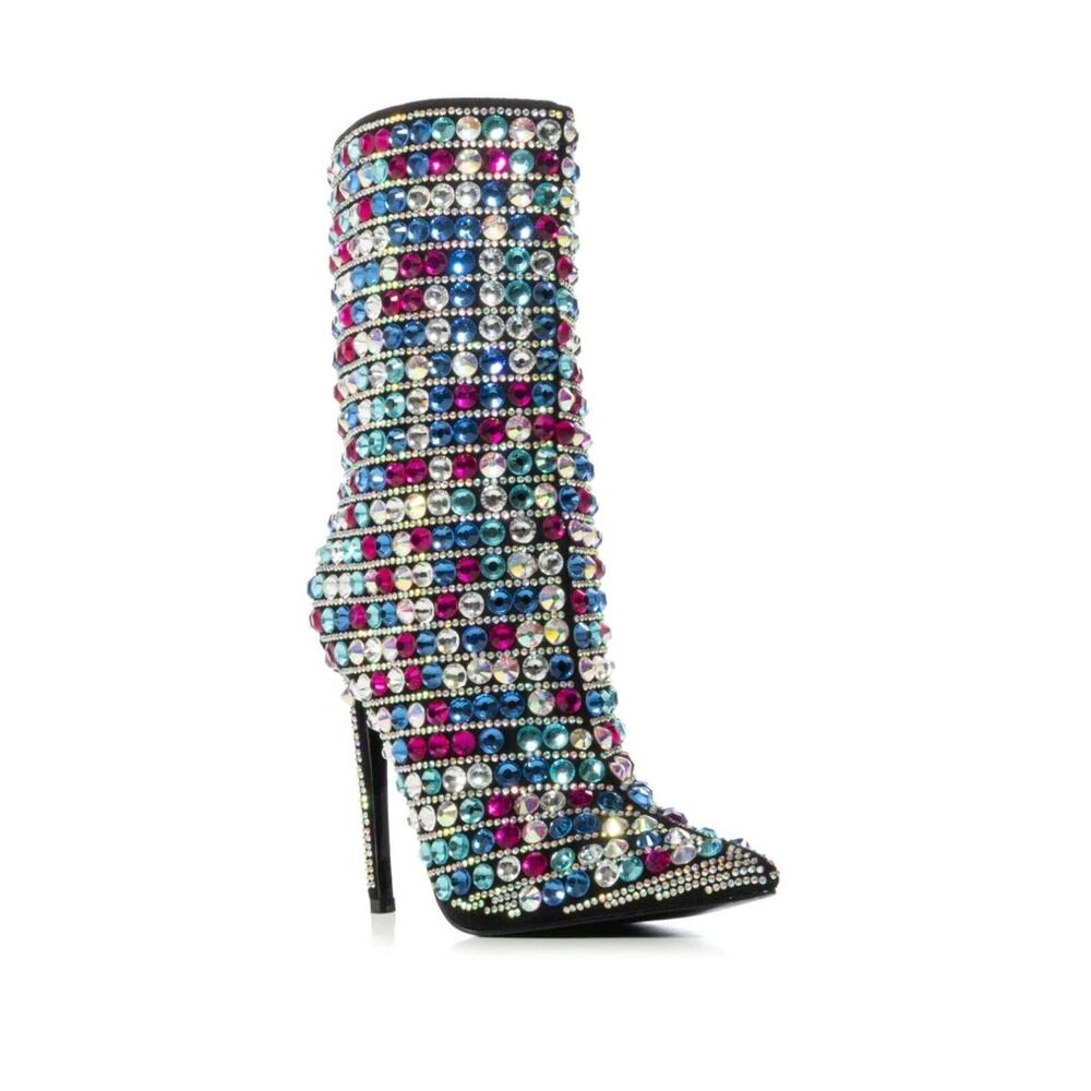 AZALEA WANG Kensley Multi Crystal Embellished Stiletto Heel Bootie NWB SZ 6